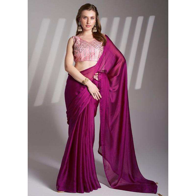 Purple Chiffon Silk Saree With Blouse Piece - JD986578457