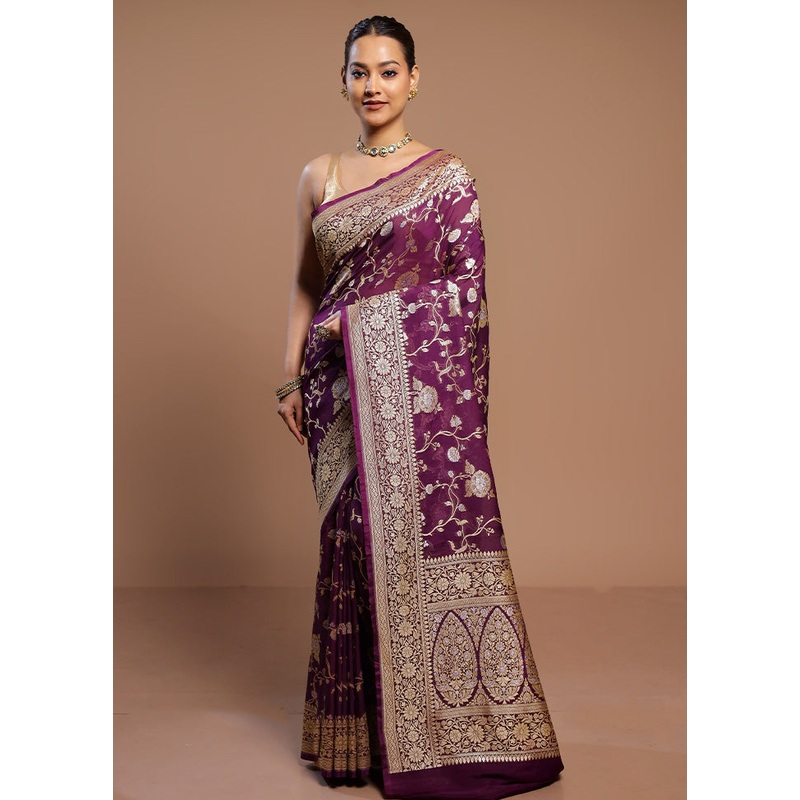 Purple Handloom Pure Georgette Saree With Blouse Piece - JD986578497