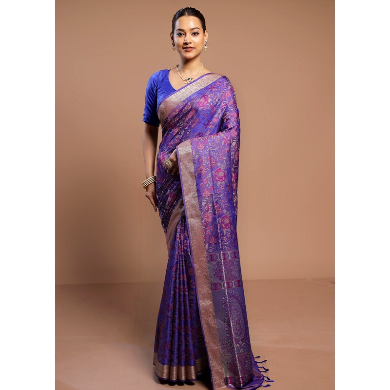Purple Kanjivaram Silk Saree With Blouse Piece - JD986578495