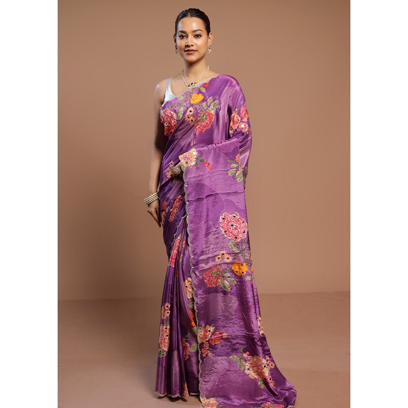 Purple Printed Pure Silk Saree Without Blouse Piece - JD986578492