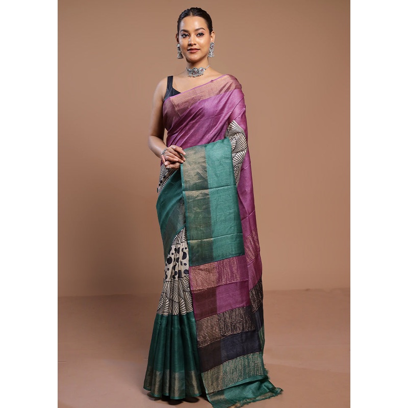 Purple Tussar Silk Saree With Blouse Piece - JD986578491