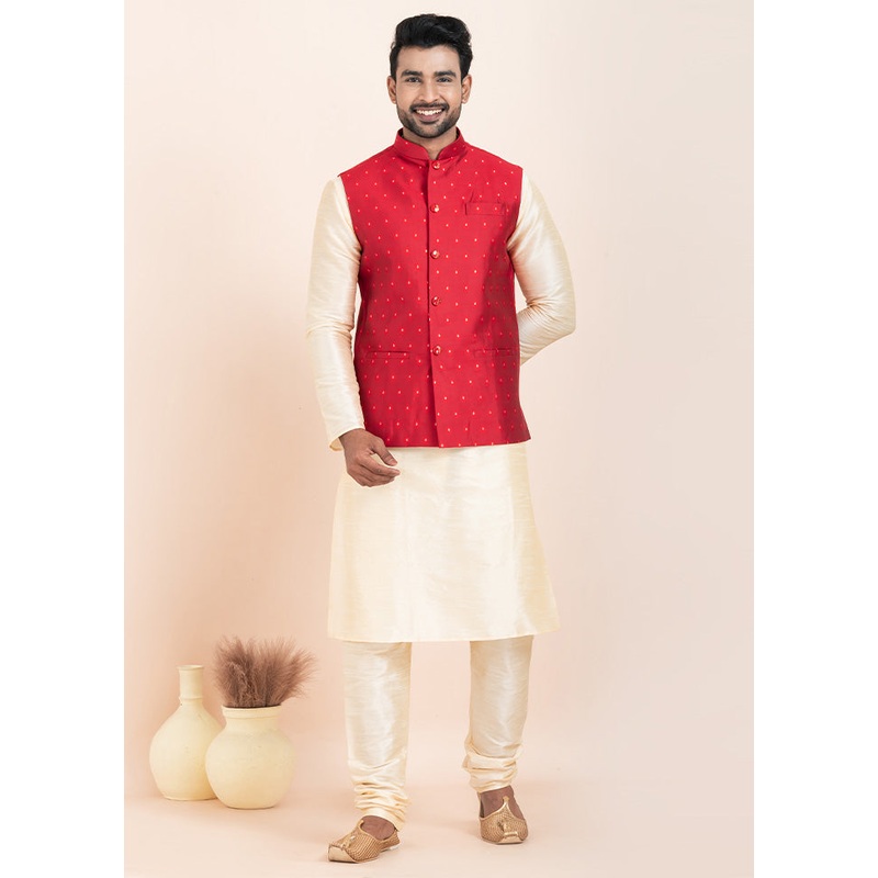 Red Full Sleeves Mandarin Collar Waistcoat - JD986578368