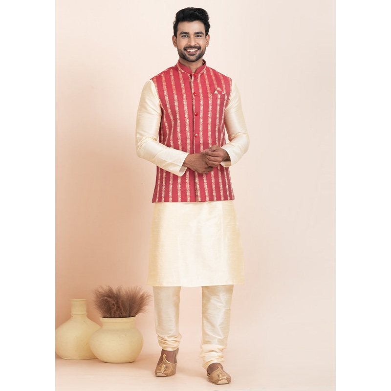 Red Full Sleeves Mandarin Collar Waistcoat - JD986578369