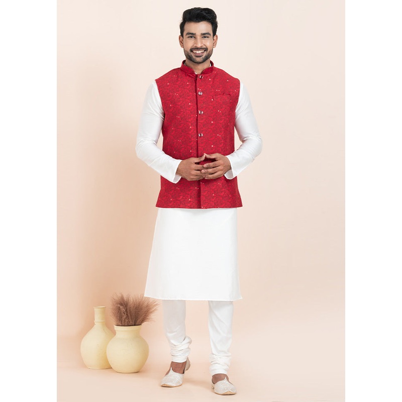 Red Full Sleeves Mandarin Collar Waistcoat - JD986578370