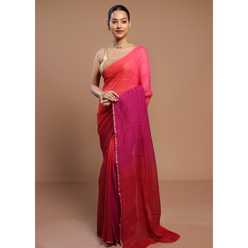Red Handloom Chiffon Pure Silk Saree With Blouse Piece - JD986578489
