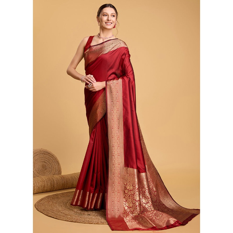 Red Spun Silk Saree With Blouse Piece - JD986578455