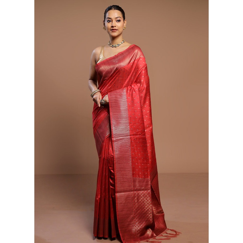 Red Tussar Silk Saree With Blouse Piece - JD986578487