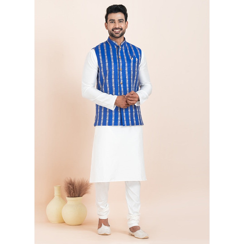 Royal Blue Full Sleeves Mandarin Collar Waistcoat - JD986578367