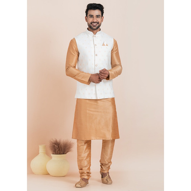 White Full Sleeves Mandarin Collar Waistcoat - JD986578366