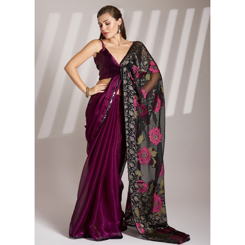 Wine Spun Silk Saree With Blouse Piece - JD986578454