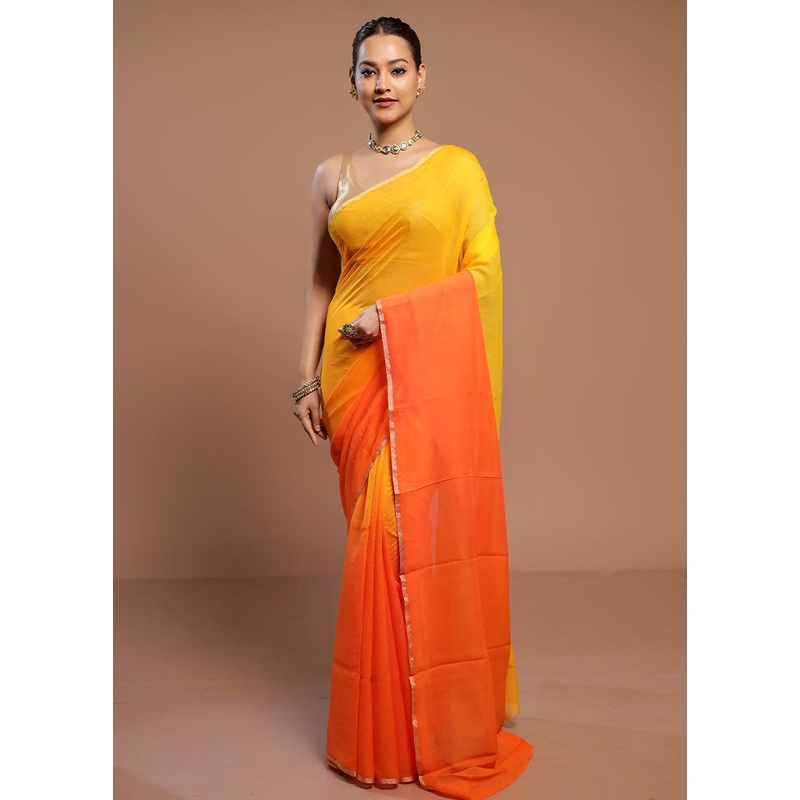 Yellow Handloom Chiffon Pure Silk Saree With Blouse Piece - JD986578484