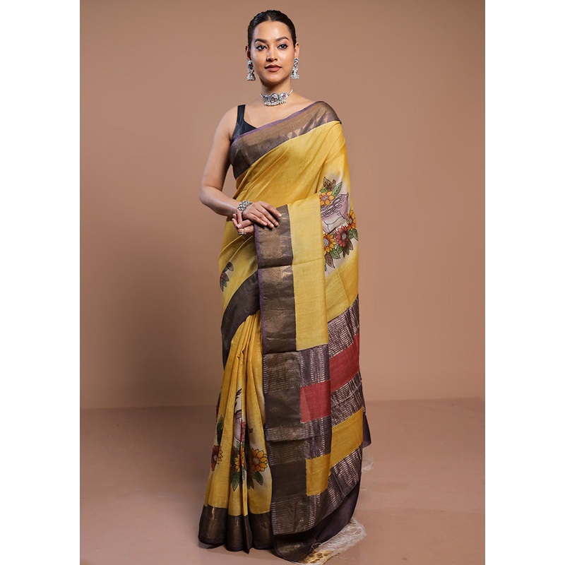 Yellow Handloom Tussar Pure Silk Saree With Blouse Piece - JD986578482