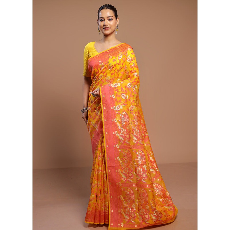 Yellow Kora Silk Saree With Blouse Piece - JD986578480