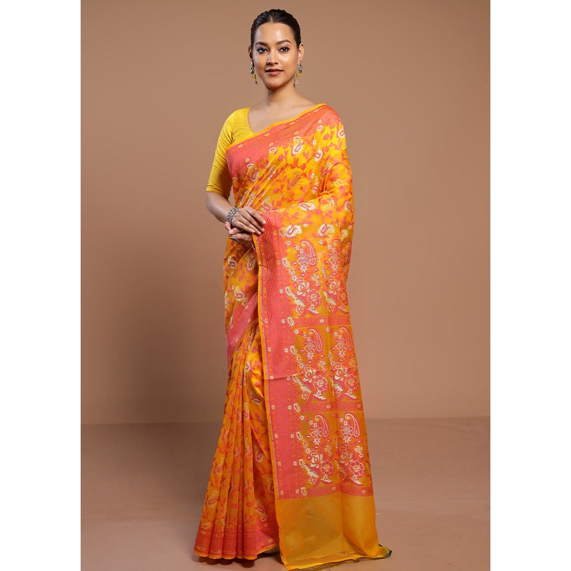 Yellow Kora Silk Saree With Blouse Piece - JD986578481
