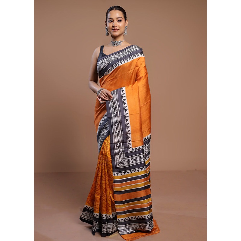 Yellow Printed Pure Silk Saree Without Blouse Piece - JD986578479