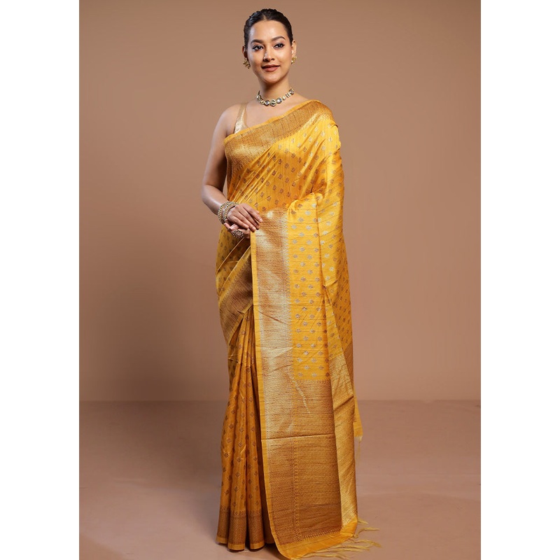 Yellow Tussar Silk Saree With Blouse Piece - JD986578477