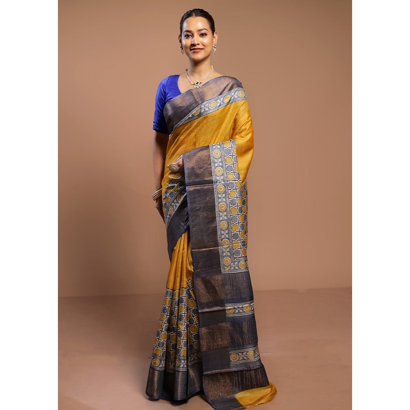 Yellow Tussar Silk Saree With Blouse Piece - JD986578478