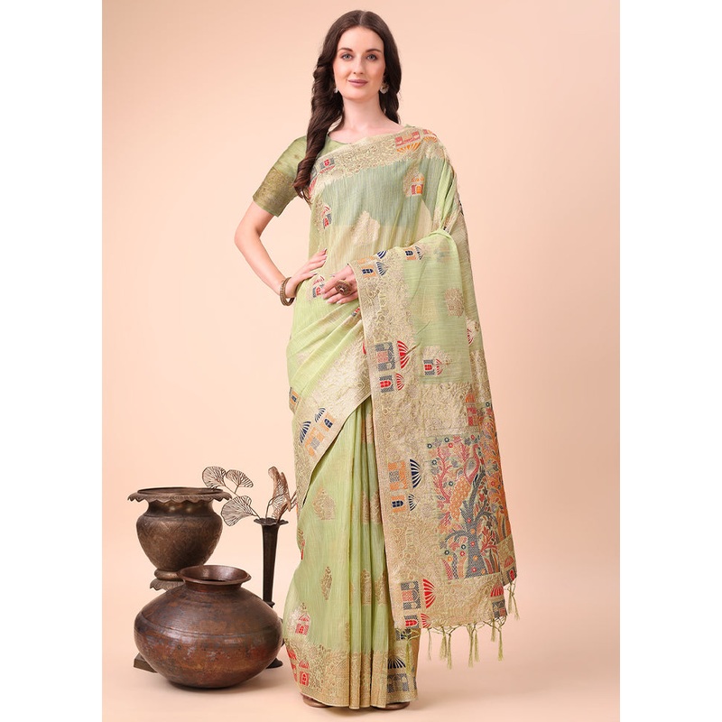 Light Green Cotton Saree With Blouse Piece - JD986578282