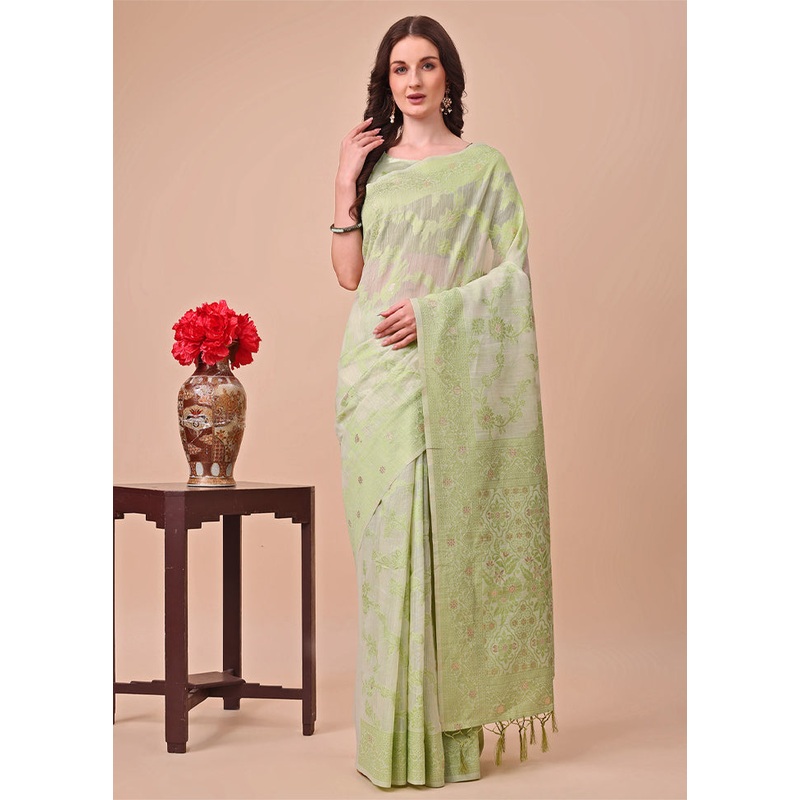 Light Green Cotton Saree With Blouse Piece - JD986578283