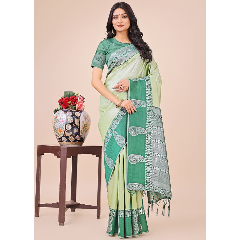 Light Green Spun Silk Saree With Blouse Piece - JD986578280