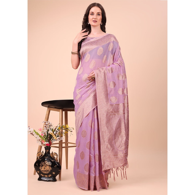 Light Pink Cotton Saree With Blouse Piece - JD986578279