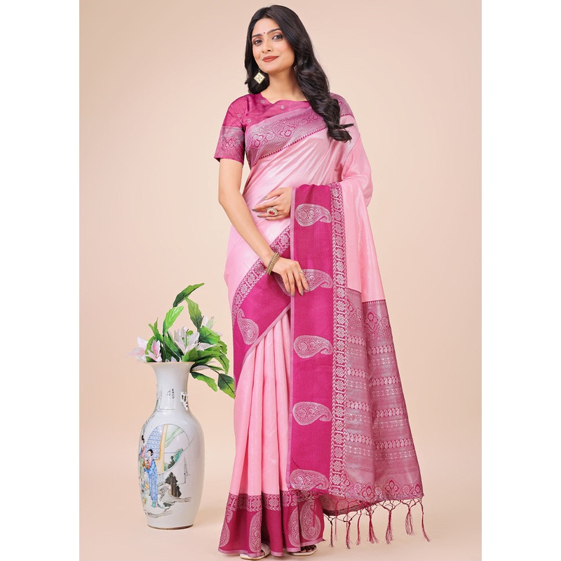 Light Pink Spun Silk Saree With Blouse Piece - JD986578277