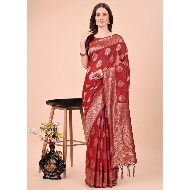 Maroon Cotton Saree With Blouse Piece - JD986578272