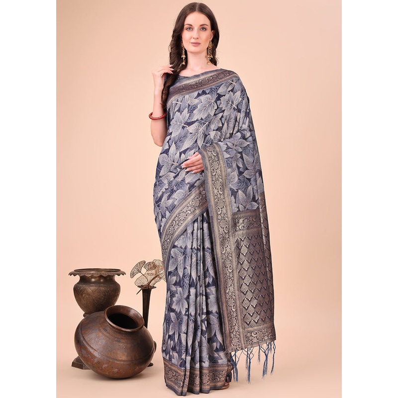Navy Blue Cotton Saree With Blouse Piece - JD986578268