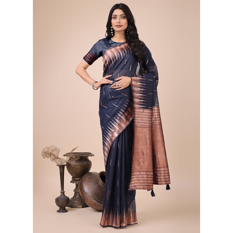 Navy Blue Cotton Saree With Blouse Piece - JD986578269