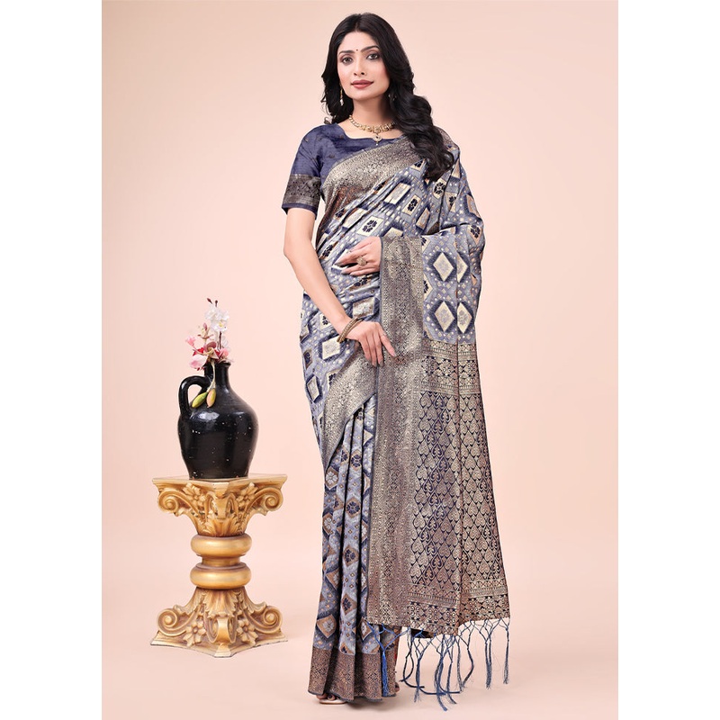 Navy Blue Cotton Saree With Blouse Piece - JD986578270