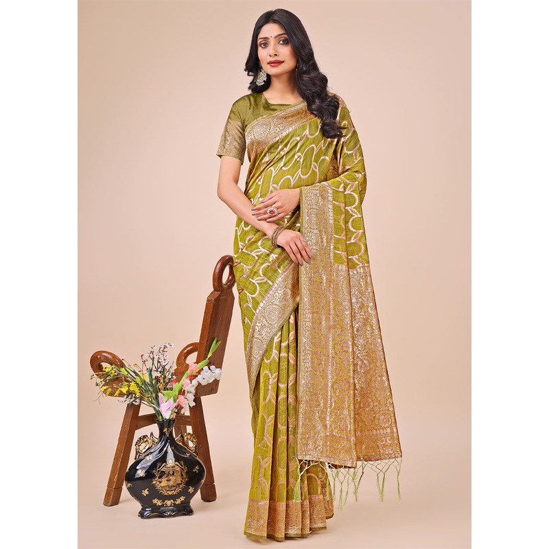 Olive Green Cotton Woven Saree Without Blouse Piece - JD986578267