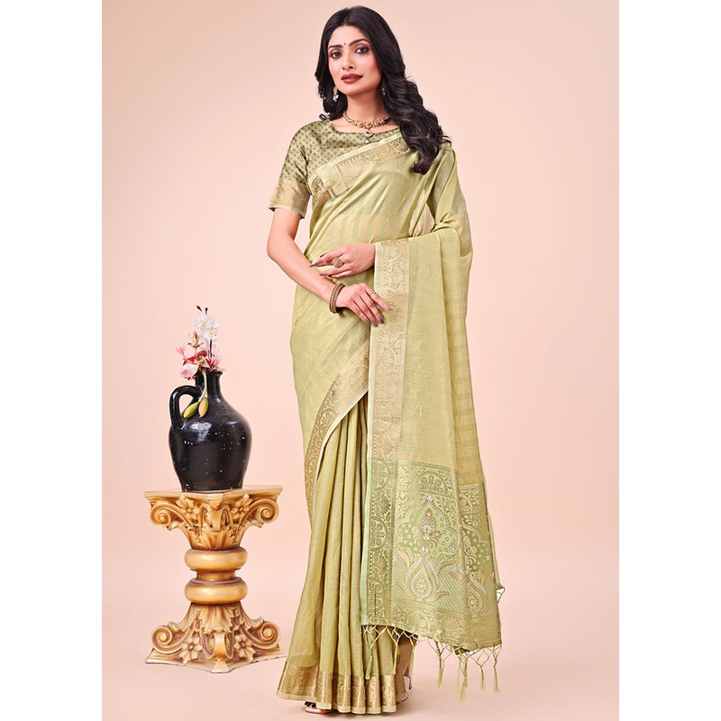 Olive Green Organza Saree With Blouse Piece - JD986578266