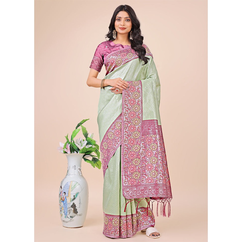 Olive Green Spun Silk Saree With Blouse Piece - JD986578264