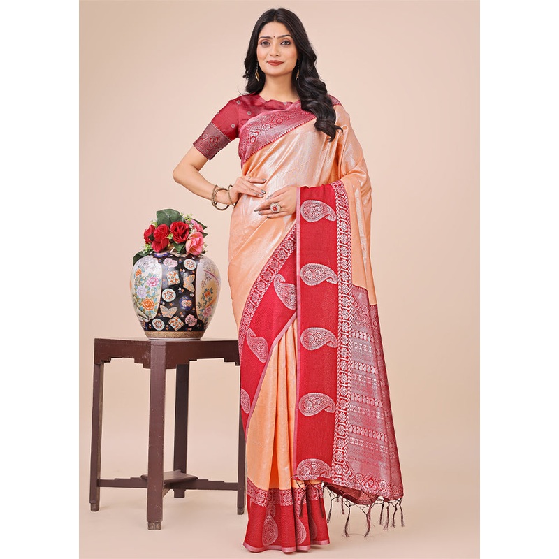 Peach Spun Silk Saree With Blouse Piece - JD986578260