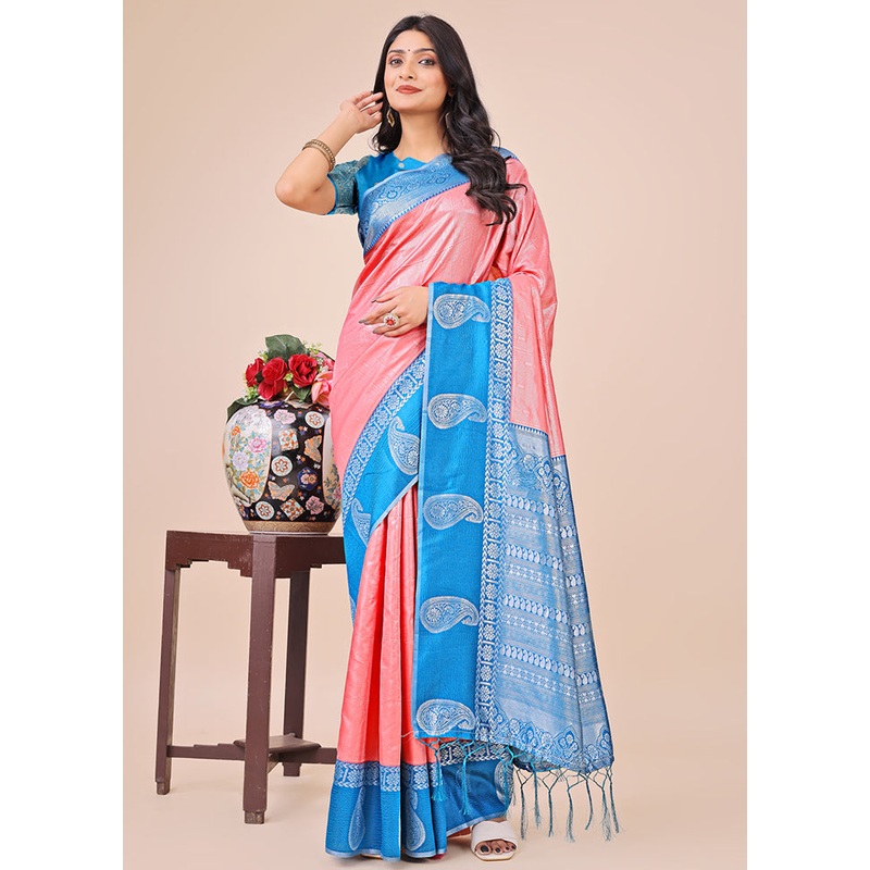 Peach Spun Silk Saree With Blouse Piece - JD986578261