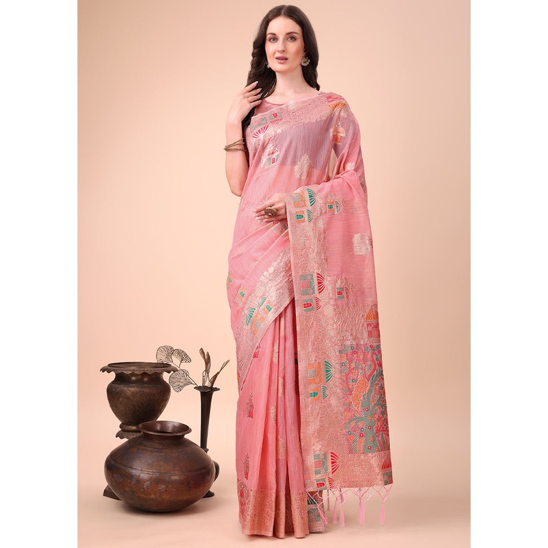 Pink Cotton Saree With Blouse Piece - JD986578256