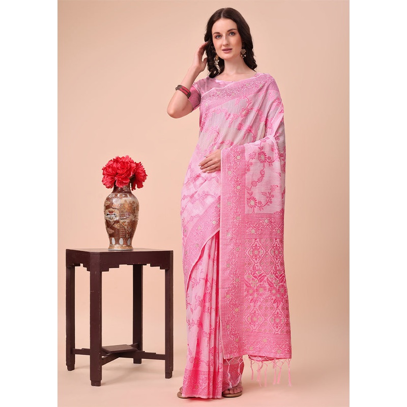 Pink Cotton Saree With Blouse Piece - JD986578257