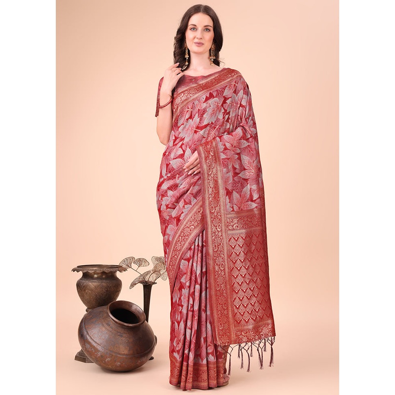 Red Cotton Saree With Blouse Piece - JD986578248
