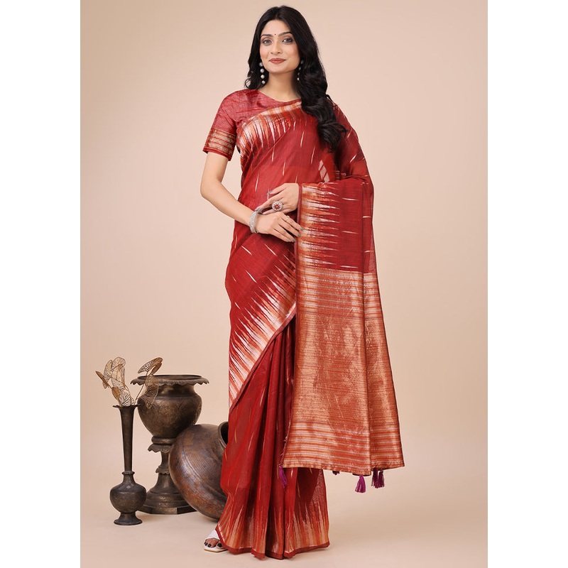 Red Cotton Saree With Blouse Piece - JD986578249
