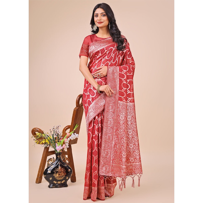 Red Cotton Saree With Blouse Piece - JD986578250