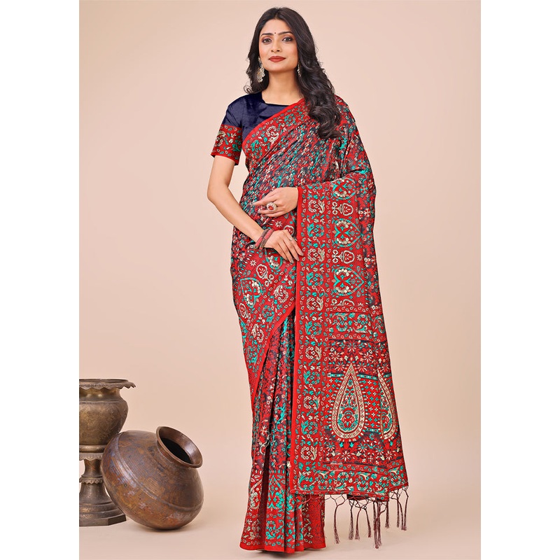 Red Cotton Saree With Blouse Piece - JD986578251