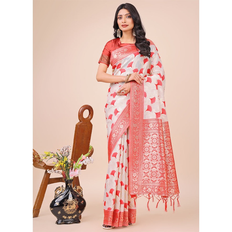 Red Cotton Saree With Blouse Piece - JD986578252