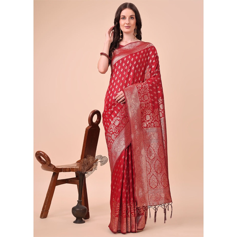 Red Spun Silk Saree With Blouse Piece - JD986578247