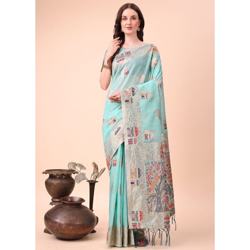 Sky Blue Cotton Saree With Blouse Piece - JD986578243
