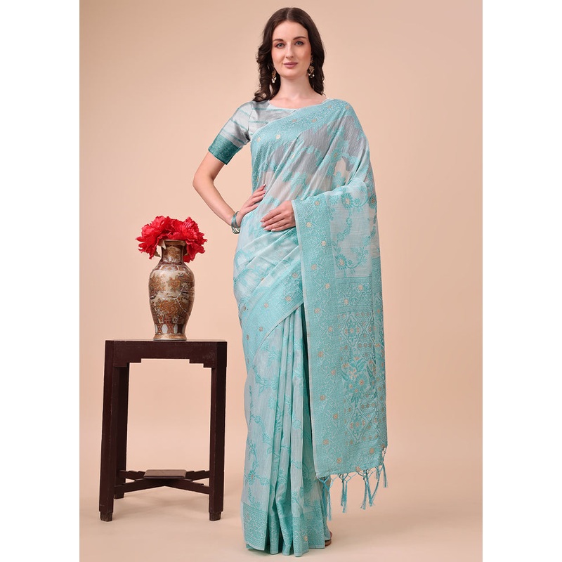 Sky Blue Cotton Saree With Blouse Piece - JD986578244