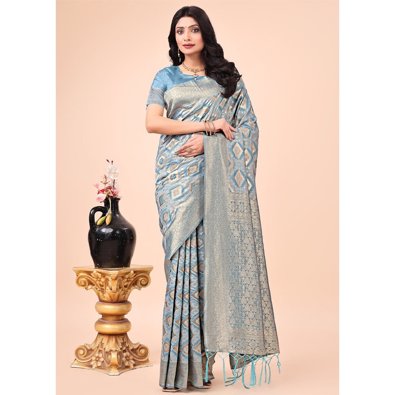 Sky Blue Cotton Saree With Blouse Piece - JD986578245