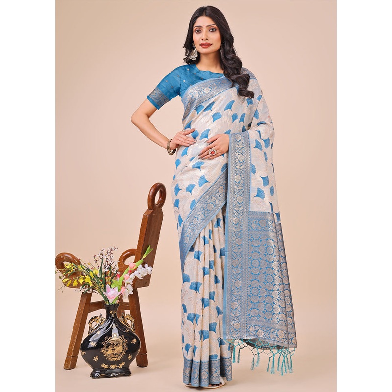 Sky Blue Cotton Saree With Blouse Piece - JD986578246