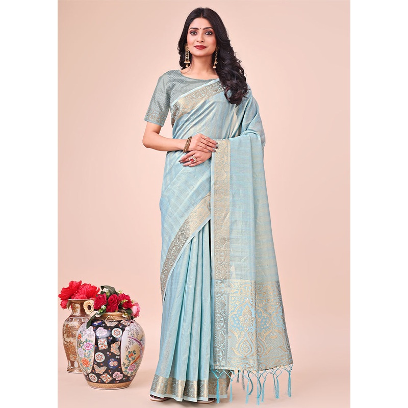 Sky Blue Organza Saree With Blouse Piece - JD986578242