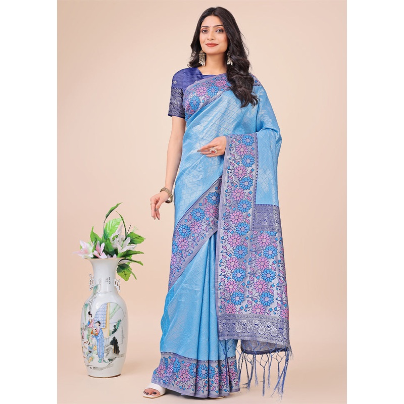 Sky Blue Spun Silk Saree With Blouse Piece - JD986578240