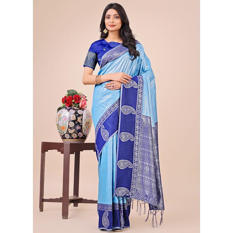 Sky Blue Spun Silk Saree With Blouse Piece - JD986578241